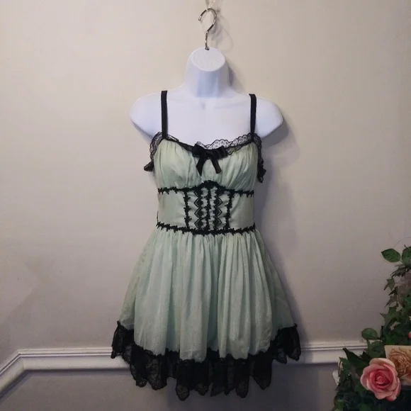 Dolls Kill House Of Widow Shimmery Mint Chiffon & Black Lace Trimmed Mini Dress - Picture 7 of 7